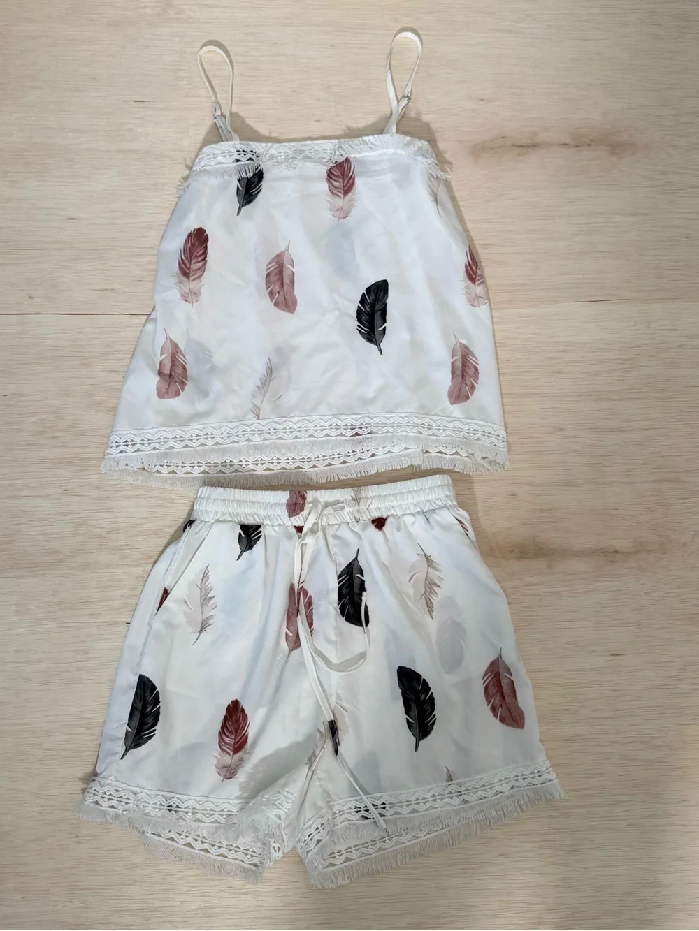 SHEIN White Satin Cami & Shorts Set with Feather Accent